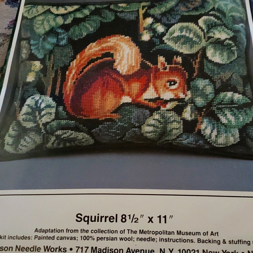 Erica Wilson Needlepoint pillow of Squirrel
